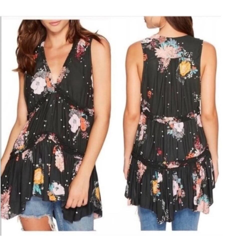 Free People Floral Tiered Tunic Tank Top Small Sleeveless V Neck